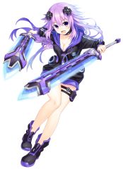 Rule 34 | 10s, 1girl, absurdres, adult neptune, bad id, bad pixiv id, blush, breasts, cleavage, d-pad, dual wielding, female focus, hair ornament, highres, holding, holding weapon, hood, hooded track jacket, jacket, large breasts, long hair, looking at viewer, neptune (neptunia), neptune (series), purple eyes, purple hair, shin jigen game neptune vii, smile, solo, sword, track jacket, weapon