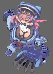 Rule 34 | 1girl, arms up, blade (galaxist), breasts, covered navel, fingerless gloves, from above, gloves, goggles, goggles on head, grey background, gundam, hair between eyes, leotard, long hair, looking up, mecha, original, pink eyes, pink hair, robot, simple background, small breasts, solo, twintails, white leotard