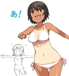 Rule 34 | &gt; &lt;, 2girls, :d, > <, a (phrase), azumanga daiou, bikini, breasts, brown eyes, brown hair, cleavage, closed eyes, front-tie top, halterneck, happy, hip focus, kagura, kagura (azumanga daioh), large breasts, midriff, multiple girls, navel, one-piece tan, open mouth, outstretched arms, partially colored, running, short hair, side-tie bikini bottom, smile, spread arms, swimsuit, takino tomo, tan, tank top, tankini, tanline, thigh gap, thighs, wide hips, xd, yu 65026