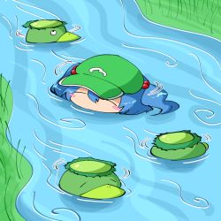 Rule 34 | 1girl, ^ ^, blue hair, blush stickers, closed eyes, closed eyes, from above, grass, green headwear, hair between eyes, in water, kappa, kawashiro nitori, outdoors, river, riverbank, shimizu pem, tagme, touhou, twintails, two side up, water