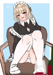 Rule 34 | 1girl, alternate costume, blonde hair, blush, border, breasts, chair, cleavage, enmaided, fang, grey eyes, highres, kantai collection, looking at viewer, maid, maid headdress, medium breasts, mochizou, open mouth, panties, ranger (kancolle), short hair, sitting, skin fang, solo, thighhighs, twitter username, underwear, white border, white panties, white thighhighs