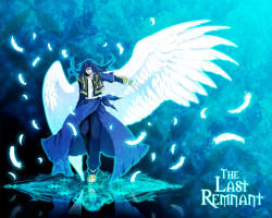 Rule 34 | 1boy, angel wings, aqua background, bad id, bad pixiv id, blue hair, blue theme, coat, copyright name, closed eyes, feathers, hataka nohito, long hair, male focus, pants, solo, the conqueror, the last remnant, wings