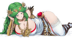 Rule 34 | 1girl, ancient greek clothes, armlet, bare shoulders, belt, blush, breasts, brown belt, chiton, cleavage, commentary request, dress, female focus, forehead jewel, green eyes, green hair, half-closed eyes, high heels, highres, huge breasts, jewelry, kid icarus, large breasts, laurel crown, legs, long hair, long legs, looking at viewer, lying, matching hair/eyes, multiple belts, neck ring, nintendo, palutena, parted bangs, parted hair, pendant, sandals, shimure (460), side slit, simple background, single thighhigh, solo, strapless, strapless dress, thighhighs, thighs, tiara, vambraces, white background, white thighhighs