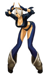 Rule 34 | 1girl, ahoge, angel (kof), bent over, breasts, chaps, cleavage, fingerless gloves, gloves, large breasts, mexico, midriff, nona, official art, short hair, snk, solo, the king of fighters, the king of fighters 2001, white hair