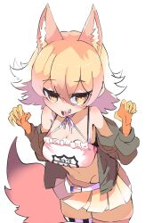 Rule 34 | 100maru, 1girl, animal ears, bare shoulders, belt, black jacket, blonde hair, camisole, coyote (kemono friends), extra ears, gloves, highres, jacket, kemono friends, kemono friends v project, kneehighs, looking at viewer, navel, short hair, simple background, skirt, socks, solo, tail, virtual youtuber, wolf ears, wolf girl, wolf tail, yellow eyes