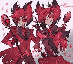 Rule 34 | 1boy, absurdres, alastor (hazbin hotel), animal ears, black bow, black hair, bow, bowtie, brooch, brown gloves, character name, claw ring, closed mouth, coat, colored skin, constricted pupils, deer boy, deer ears, demon boy, evil grin, evil smile, eyewear strap, gloves, glowing, glowing eyes, gradient background, grey background, grey skin, grin, half-closed eyes, hand up, hazbin hotel, highres, holding, holding microphone, jewelry, long sleeves, looking at viewer, looking back, male focus, meremero, microphone, monocle, multicolored hair, multiple views, musical note, outline, pants, red coat, red eyes, red hair, red pants, red shirt, red vest, shirt, short hair, sigil, simple background, smile, striped coat, torn clothes, torn coat, traditional bowtie, two-tone hair, vest, vintage microphone, white background, white outline, yellow teeth