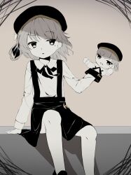 Rule 34 | 1girl, arm support, beret, black hat, black ribbon, black skirt, brown background, collared shirt, feet out of frame, floating hair, flower, grey hair, hair flower, hair ornament, hair ribbon, hand puppet, hand up, hat, hatoba tsugu, highres, holding, leaning to the side, limited palette, long sleeves, looking at object, looking to the side, medium hair, mole, mole under eye, neck ribbon, open mouth, puppet, raised eyebrow, ribbon, shirt, shirt tucked in, simple background, single hair ring, sitting, skirt, solo, suspender skirt, suspenders, tsugu (vtuber), virtual youtuber, washi (user djjg3532)