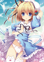 Rule 34 | 1girl, :o, animal ear legwear, arm up, asymmetrical hair, black ribbon, blonde hair, blue dress, blue eyes, blue sky, blush, bow, bow panties, breasts, brown hair, buttons, cameltoe, cat ear legwear, cherry blossoms, clothes lift, cloud, collarbone, cowboy shot, day, dress, dress lift, frilled dress, frills, gluteal fold, gradient hair, hair between eyes, hair intakes, hair ornament, hair ribbon, hairpin, hand on headwear, hat, highres, lens flare, long hair, looking at viewer, multicolored hair, nanaroba hana, open mouth, outdoors, panties, pantyshot, petals, pink bow, ribbon, sailor collar, sailor hat, scan, shiny skin, side ponytail, sky, small breasts, solo, standing, tareme, thigh gap, thighhighs, underwear, white hat, white panties, white thighhighs, wind, wind lift