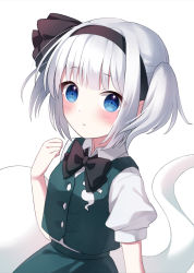 Rule 34 | 1girl, black bow, black bowtie, black hairband, blue eyes, blush, bow, bowtie, buttons, closed mouth, collar, eyes visible through hair, ghost, green skirt, green vest, hairband, hand up, highres, konpaku youmu, konpaku youmu (ghost), looking at viewer, myon (phrase), puffy short sleeves, puffy sleeves, shirt, short sleeves, short twintails, silver hair, simple background, skirt, solo, suzuno naru, touhou, twintails, vest, white background, white collar, white shirt, white sleeves