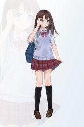 Rule 34 | 1girl, arm up, bad id, bad pixiv id, bag, biako, black socks, blue eyes, blush, brown footwear, brown hair, closed mouth, collared shirt, commentary request, grey background, highres, kneehighs, loafers, long hair, original, plaid, plaid skirt, pleated skirt, red skirt, revision, school bag, school uniform, shirt, shoes, short sleeves, simple background, skirt, skirt hold, smile, socks, solo, standing, sweater vest, white shirt, zoom layer