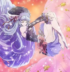 Rule 34 | 10s, 1girl, absurdly long hair, ass, bare legs, bare shoulders, black hat, blunt bangs, breasts, cleavage, drill hair, granblue fantasy, hat, hat ribbon, highres, legs together, light particles, light purple hair, long hair, long sleeves, looking at viewer, medium breasts, nokinhizadati, off shoulder, oneiros (granblue fantasy), purple skirt, red ribbon, ribbon, skirt, sleeves past wrists, smile, solo, star (symbol), very long hair, yellow eyes
