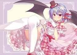 Rule 34 | 1girl, absurdres, alternate costume, alternate hairstyle, bat wings, beni kurage, black hat, bloomers, blush, bow, braid, buttons, dress, dress bow, footwear bow, frills, gloves, hair between eyes, hat, hat bow, highres, lolita fashion, looking at viewer, mini hat, mini top hat, off-shoulder dress, off shoulder, open mouth, own hands together, pink dress, purple hair, red bow, red eyes, remilia scarlet, shoes, short hair, single braid, solo, sweet lolita, top hat, touhou, underwear, white gloves, white legwear, wings