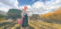 Rule 34 | 1girl, animal ears, black gloves, blue overalls, blue sky, chinese commentary, cigarette, cloud, cloudy sky, combine harvester, commentary request, dump truck, feet out of frame, field, fox ears, fox girl, fox tail, gloves, haul truck, highres, holding, holding cigarette, looking to the side, motor vehicle, original, outdoors, overalls, pink hair, red eyes, shirt, single glove, sky, solo, tail, unworn gloves, wheat, wheat field, white shirt, yi neng ren xiao zao