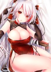 Rule 34 | 1girl, azur lane, breasts, china dress, chinese clothes, cleavage, dress, elbow gloves, gloves, hair ribbon, highres, large breasts, mole, mole on breast, prinz eugen (azur lane), red eyes, ribbon, silver hair, sitting, solo, thighs, touwa iyo