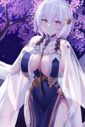 Rule 34 | 1girl, :o, azur lane, blush, braid, branch, breast curtains, breasts, cherry blossoms, china dress, chinese clothes, cleavage, cola (884625), commentary request, covered erect nipples, covered navel, cowboy shot, dress, falling petals, floral print, flower, garter straps, gloves, grey dress, hair between eyes, hair flower, hair ornament, half gloves, hand on own chest, large breasts, looking at viewer, neckwear between breasts, night, night sky, pelvic curtain, petals, red eyes, revealing clothes, see-through, see-through sleeves, short hair, side braid, side slit, sidelocks, sirius (azur lane), sirius (azure horizons) (azur lane), sky, solo, standing, white gloves, white hair