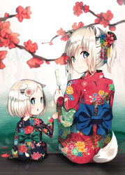 Rule 34 | 2girls, :o, animal ears, black kimono, blue bow, blue eyes, blurry, blurry foreground, blush, bow, closed mouth, depth of field, dog ears, dog girl, dog tail, floral print, flower, food, green bow, hair flower, hair ornament, hairclip, highres, japanese clothes, kimono, looking at viewer, looking back, multiple girls, niii (memstapak), original, parted lips, ponytail, popsicle, print kimono, red flower, red kimono, sidelocks, silver hair, sitting, smile, tail, teeth, upper teeth only, water