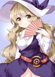 Rule 34 | 1girl, belt, blonde hair, blue dress, blue ribbon, buttons, closed mouth, collared shirt, dress, folding fan, hand fan, hat, hat ribbon, highres, holding, holding fan, long hair, long sleeves, looking at viewer, ribbon, ruu (tksymkw), shirt, single strap, smile, solo, standing, touhou, watatsuki no toyohime, wavy hair, white hat, white shirt, yellow eyes