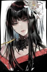 Rule 34 | 1girl, bad id, bad twitter id, black border, black collar, black hair, black kimono, border, collar, commentary request, final fantasy, final fantasy xiv, flower, grey eyes, hair flower, hair ornament, highres, hyur, japanese clothes, kimono, kiseru, kkuekkue (chifer1958), korean commentary, lace-trimmed collar, lace trim, long hair, looking at viewer, mole, mole under mouth, off shoulder, portrait, simple background, sketch, smoking pipe, solo, straight hair, white background, white flower, yotsuyu goe brutus