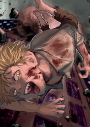 Rule 34 | 1boy, absurdres, alkan p, black pants, blonde hair, blood, blood on clothes, blood on face, brown eyes, chainsaw man, collared shirt, denji (chainsaw man), falling, highres, open clothes, open mouth, open shirt, pants, sharp teeth, shirt, shirt tucked in, short hair, sleeves rolled up, solo, teeth, torn clothes, white shirt, yellow eyes