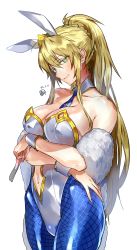 Rule 34 | 1girl, absurdres, ahoge, animal ears, artoria pendragon (all), artoria pendragon (fate), artoria pendragon (swimsuit ruler) (fate), bare shoulders, blonde hair, blue pantyhose, breasts, card, cleavage, clothing cutout, collarbone, colored eyelashes, cowboy shot, crossed arms, crown, dated, detached collar, fake animal ears, fate/grand order, fate (series), fishnet pantyhose, fishnets, green eyes, hair between eyes, highleg, highleg leotard, highres, holding, holding card, large breasts, leotard, lips, long hair, looking at viewer, navel, navel cutout, necktie, pantyhose, playboy bunny, ponytail, rabbit ears, shawl, shiny clothes, sidelocks, simple background, smile, solo, takaraizu, very long hair, white background, white leotard, wrist cuffs