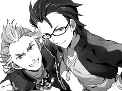 Rule 34 | 2boys, akai suzaku, animal, asada hachi, buttons, cat, clenched hand, closed mouth, collarbone, commentary request, glasses, gloves, grey background, greyscale, grin, hair slicked back, idolmaster, idolmaster side-m, jacket, jewelry, kurono genbu, long sleeves, looking at viewer, male focus, monochrome, multiple boys, necklace, nyako (idolmaster), open clothes, open jacket, pectorals, scar, scar on face, shirt, short hair, simple background, smile, teeth, twitter username, upper body, watermark