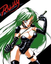 Rule 34 | 1girl, bad id, bad pixiv id, blue eyes, boots, breasts, cleavage, collar, copyright name, dominatrix, elbow gloves, gloves, green hair, long hair, rabiri, rusty (pc-98), shoulder pads, thigh boots, thighhighs, weapon, whip