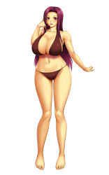 Rule 34 | 10s, 1girl, ameoto, blush, breasts, brown eyes, cleavage, full body, highres, huge breasts, long hair, looking at viewer, navel, open mouth, purple hair, sakaki ryouko, shokugeki no souma, smile, solo, standing, swimsuit