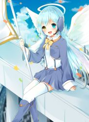 Rule 34 | 1girl, angel wings, bad id, bad pixiv id, blue hair, boots, braid, cloud, confetti, day, fake halo, flag, halo, headset, heterochromia, jacket, knee boots, long hair, microphone, nufucha, open mouth, original, shirt, sitting, skirt, sky, smile, solo, suspenders, thighhighs, very long hair, white thighhighs, wings