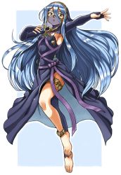 Rule 34 | 1girl, anklet, armpits, asymmetrical legwear, azura (fire emblem), barefoot, blue dress, blue hair, bow, bridal gauntlets, dancing, detached sleeves, dress, feet, fire emblem, fire emblem fates, full body, hairband, highres, jewelry, long hair, mouth veil, nintendo, outstretched arm, oyatsu (mk2), pantyhose, parted lips, ribbon, side slit, single leg pantyhose, solo, strapless, strapless dress, toes, uneven legwear, veil, very long hair, yellow eyes