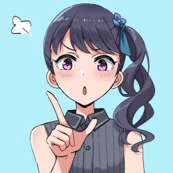 Rule 34 | 1girl, artist request, black hair, blue background, commentary request, flower, fukumaru koito, grey shirt, hair flower, hair ornament, hair ribbon, idolmaster, idolmaster shiny colors, long hair, looking at viewer, open mouth, pointing, purple eyes, ribbon, shirt, side ponytail, sleeveless, sleeveless shirt, solo, upper body