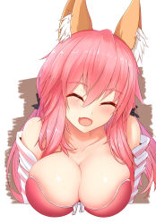 Rule 34 | 10s, 1girl, animal ear fluff, animal ears, bare shoulders, bra, breasts, cleavage, closed eyes, collarbone, fang, fate/extra, fate/extra ccc, fate/grand order, fate (series), fox ears, highres, large breasts, nekoda (maoda), off shoulder, official alternate costume, open clothes, open mouth, open shirt, pink bra, pink hair, revision, shirt, solo, tamamo (fate), tamamo no mae (fate/extra), tamamo no mae (spring casual) (fate), underwear