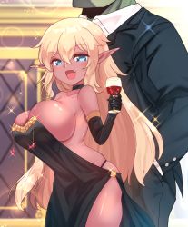 Rule 34 | 1boy, 1girl, alcohol, bare shoulders, black choker, black dress, black gloves, black panties, blonde hair, blue eyes, breasts, choker, crossed bangs, cup, dark-skinned female, dark elf, dark skin, dress, drinking glass, elbow gloves, elf, fang, formal, gloves, gown, hair between eyes, head out of frame, highres, holding, holding cup, impossible clothes, large breasts, long hair, looking at viewer, original, panties, pointy ears, rayno, revealing clothes, side slit, skindentation, solo focus, sparkle, strapless, strapless dress, suit, underwear, very long hair, wine, wine glass