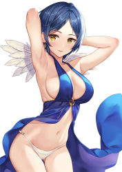 Rule 34 | 1girl, armpits, arms behind head, arms up, bare arms, bare shoulders, blue dress, blue hair, breasts, cleavage, commentary, cowboy shot, dress, earrings, feathers, gluteal fold, halter dress, halterneck, hamahama, hayami kanade, highres, idolmaster, idolmaster cinderella girls, jewelry, large breasts, looking at viewer, navel, open clothes, open dress, panties, parted bangs, parted lips, revealing clothes, short hair, simple background, sleeveless, sleeveless dress, smile, solo, standing, stomach, swimsuit, thighs, underwear, white background, white panties, yellow eyes
