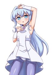 Rule 34 | 10s, 1girl, ako (azusaching0612), arm up, armpits, bare shoulders, blue eyes, blue hair, bridal gauntlets, dress, gloves, gluteal fold, grey pantyhose, gundam, gundam build divers, hand on own head, jewelry, light blue hair, long hair, necklace, open mouth, panties, panties over pantyhose, pantyhose, pantyshot, purple pantyhose, sara (gundam build divers), short dress, simple background, sleeveless, sleeveless dress, solo, standing, thighband pantyhose, underwear, white background, white dress, white gloves, white panties