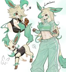 Rule 34 | animal ears, animal hands, beige fur, blonde hair, bracelet, breasts, brown eyes, brown sclera, cleavage, cleavage cutout, clothing cutout, collar, colored sclera, creatures (company), ear piercing, furry, furry female, game freak, gen 4 pokemon, green hair, highres, jewelry, large breasts, leaf, leafeon, long hair, looking at viewer, midriff, multicolored hair, navel, nintendo, piercing, pokemon, pokemon (creature), spiked bracelet, spiked collar, spikes, sportswear, togetoge