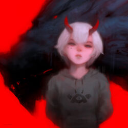 Rule 34 | 1girl, alex chow, arms behind back, commentary, dragon, dragon horns, grey hoodie, half-closed eyes, hood, hood down, hoodie, horns, long sleeves, looking at viewer, original, parted lips, print hoodie, red background, red horns, short hair, signature, simple background, solo, standing, straight-on, upper body, white hair