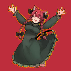 Rule 34 | 1girl, :3, :d, ^ ^, animal ears, arms up, black bow, blunt bangs, bow, braid, cat ears, cat tail, closed eyes, cowboy shot, cropped legs, dress, frills, green dress, hair bow, happy, highres, kaenbyou rin, long hair, long sleeves, multiple tails, nekomata, nyong nyong, o/, open mouth, outline, outstretched arms, petticoat, puffy long sleeves, puffy sleeves, red background, red hair, simple background, smile, solo, tail, touhou, twin braids, twintails, two tails, yellow outline