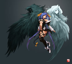 Rule 34 | 1girl, ankle boots, asymmetrical wings, bare shoulders, black thighhighs, blue hair, boots, breasts, center opening, detached collar, detached sleeves, dizzy (guilty gear), full body, guilty gear, hair rings, highres, large breasts, layer x3, leg ribbon, long hair, low twintails, monster girl, navel, necro (guilty gear), over-kneehighs, red eyes, ribbon, solo, tail, tail ornament, tail ribbon, thigh ribbon, thighhighs, twintails, underboob, undine (guilty gear), very long hair, wings