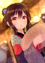 Rule 34 | 1girl, :o, blue flower, blurry, blurry background, blush, brown eyes, brown hair, commentary request, depth of field, dutch angle, flower, from side, hair between eyes, hair bun, hair flower, hair ornament, holding, japanese clothes, kimono, long sleeves, looking at viewer, minarai shachou, multicolored clothes, multicolored kimono, original, parted lips, sidelocks, single hair bun, solo, wide sleeves