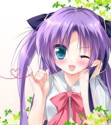 Rule 34 | 1girl, ;d, asahina yori, blue eyes, little busters!, long hair, one eye closed, open mouth, purple hair, sasasegawa sasami, school uniform, smile, string, string of fate, twintails, two side up
