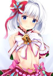 Rule 34 | 1girl, bare shoulders, blue eyes, blunt bangs, blush, bow, braid, breasts, character request, christmas, closed mouth, commentary request, gloves, hair intakes, hand up, head tilt, heart, keyhole, lips, looking at viewer, maccha, medium breasts, midriff, navel, pleated skirt, red skirt, shironeko project, short hair, skirt, solo, tina topia, underboob, upper body, white bow, white gloves, white hair