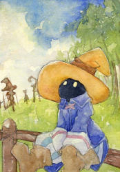 Rule 34 | 00s, 1boy, ankle boots, boots, brown footwear, day, fence, field, final fantasy, final fantasy ix, grass, hat, hidden face, long sleeves, lowres, male focus, outdoors, plant, scarecrow, sitting, sky, solo, tree, tunic, vivi ornitier, vivi orunitia, witch hat, yellow eyes