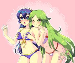 2girls alternate_costume bikini blue_bikini blue_eyes blue_hair blush breast_grabbed_from_behind breasts crossover fire_emblem fire_emblem_awakening grabbing_another&#039;s_breast green_eyes green_hair groping hair_between_eyes heart heart-shaped_pupils highres kid_icarus large_breasts long_hair lucina_(fire_emblem) medium_breasts megubunnii multiple_girls nintendo one_eye_closed open_mouth outline palutena super_smash_bros. swimsuit symbol-shaped_pupils thick_lips thighs tiara very_long_hair white_bikini white_outline yuri