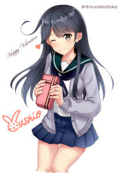 Rule 34 | 1girl, absurdres, adapted costume, ahoge, black hair, blue sailor collar, blue skirt, brown eyes, cardigan, character name, commentary request, cowboy shot, highres, himura moritaka, kantai collection, long hair, one eye closed, pleated skirt, purple cardigan, sailor collar, school uniform, serafuku, simple background, skirt, solo, standing, ushio (kancolle), valentine, white background
