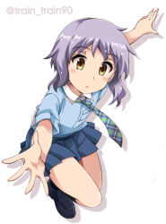 Rule 34 | 1girl, black footwear, blue shirt, blue skirt, blush stickers, checkered necktie, commentary, idolmaster, idolmaster million live!, looking at viewer, makabe mizuki, midair, necktie, outstretched arms, parted lips, pleated skirt, purple hair, shirt, shoes, short hair, short sleeves, sidelocks, skirt, solo, thighs, train 90, wavy hair, white background, wing collar, yellow eyes