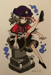Rule 34 | 1girl, black eyes, black footwear, black nails, black ribbon, black skirt, cabbie hat, chinese clothes, closed mouth, commentary request, dated, fingernails, flat chest, flower, full body, furiba 794, grey hair, hat, hat ornament, highres, hitodama, jiangshi, lace-trimmed sleeves, lace trim, leg up, looking at viewer, medium bangs, medium hair, miyako yoshika, neck ribbon, ofuda, one-hour drawing challenge, purple hat, red shirt, ribbon, shirt, short sleeves, sitting, skirt, smile, solo, star (symbol), star hat ornament, tangzhuang, tombstone, touhou, traditional media, white flower, wide sleeves