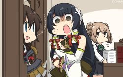Rule 34 | ahoge, axe, black hair, black serafuku, blue eyes, braid, broken door, brown hair, commentary request, dated, desk, double bun, dress, empty eyes, fate/grand order, fate (series), green dress, grey eyes, hair bun, hair flaps, hair over shoulder, hair ribbon, hair tubes, hakama, hakama skirt, hamu koutarou, here&#039;s johnny! (meme), highres, indoors, japanese clothes, kantai collection, light brown hair, long hair, looking at another, looking away, low-tied long hair, medea (fate), meme, michishio (kancolle), mizuho (kancolle), obi, office, one-hour drawing challenge, open mouth, panicking, parody, pinafore dress, remodel (kantai collection), ribbon, rulebreaker, sakata kintoki (fate), sash, scared, school uniform, screaming, serafuku, shaded face, shigure (kancolle), short twintails, sidelocks, sigh, signature, single braid, skirt, sleeveless dress, solid oval eyes, the shining, translation request, twintails, very long hair, yellow eyes