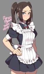 Rule 34 | 1girl, 2020, agawa ryou, artist name, blue eyes, breasts, brown hair, commentary, cowboy shot, dated, grey background, hand on own hip, long hair, looking at viewer, maid, medium breasts, original, parted bangs, pout, raised eyebrows, signature, simple background, skirt, solo, standing, thighhighs, thighs, twintails