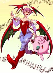 Rule 34 | 1girl, animal print, bare shoulders, bat print, boots, breasts, bridal gauntlets, cleavage, closed eyes, collarbone, creatures (company), demon wings, detached sleeves, diamond cutout, fangs, full body, game freak, gen 1 pokemon, hair between eyes, head wings, highres, holding, holding microphone, jigglypuff, leotard, lilith aensland, medium breasts, microphone, music, musical note, nintendo, open mouth, pantyhose, pink hair, pokemon, pokemon (creature), print pantyhose, purple pantyhose, purple sleeves, red eyes, red footwear, red leotard, red wings, rozavamp, short hair, singing, smile, staff (music), strapless, strapless leotard, vampire (game), wings, yellow background