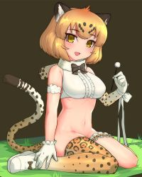 Rule 34 | 10s, 1girl, animal ears, arm garter, asymmetrical gloves, asymmetrical legwear, bad id, bad nicoseiga id, blonde hair, blush, bottomless, bow, bowtie, breasts, commentary request, elbow gloves, fur collar, gloves, iwahana, jaguar (kemono friends), jaguar ears, jaguar print, jaguar tail, kemono friends, large breasts, bridal garter, looking at viewer, mimikaki, mismatched gloves, navel, no panties, open mouth, short hair, single elbow glove, single thighhigh, sitting, sleeveless, smile, solo, tail, thighhighs, thighs, uneven legwear, yellow eyes